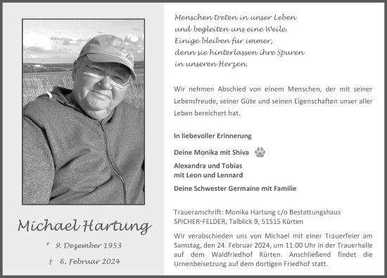 Anzeige von Michael Hartung von Kölner Stadt-Anzeiger / Kölnische Rundschau / Express