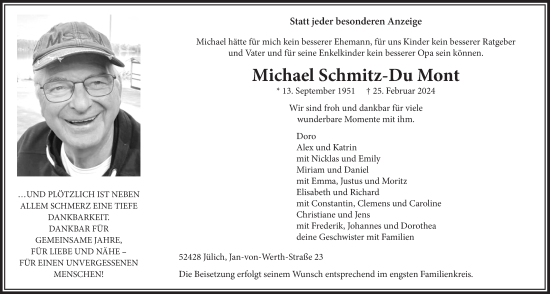 Anzeige von Michael Schmitz-Du Mont von  Werbepost 