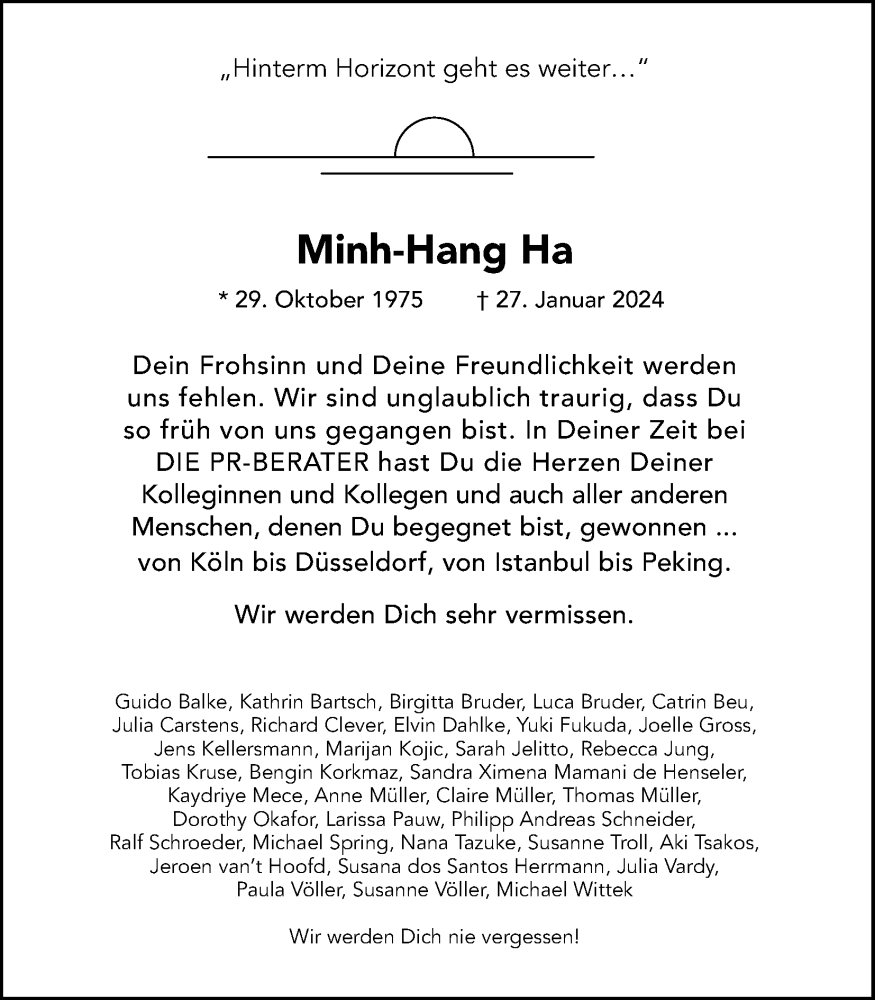  Traueranzeige für Minh-Hang Ha vom 03.02.2024 aus Kölner Stadt-Anzeiger / Kölnische Rundschau / Express