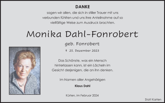 Anzeige von Monika Dahl-Fonrobert von Kölner Stadt-Anzeiger / Kölnische Rundschau / Express