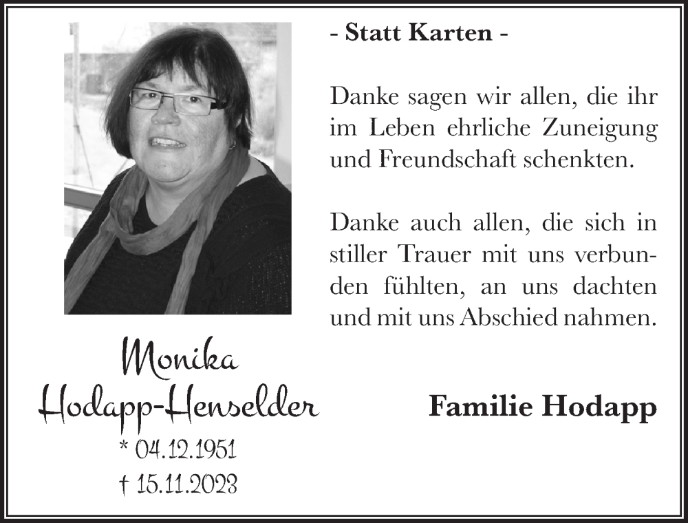  Traueranzeige für Monika Hodapp-Henselder vom 02.02.2024 aus  Schaufenster/Blickpunkt 