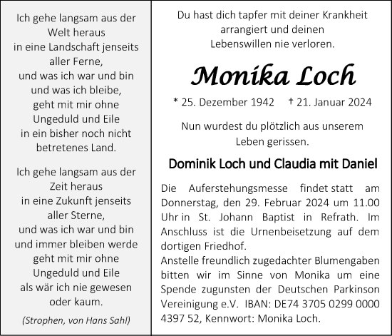 Anzeige von Monika Loch von Kölner Stadt-Anzeiger / Kölnische Rundschau / Express