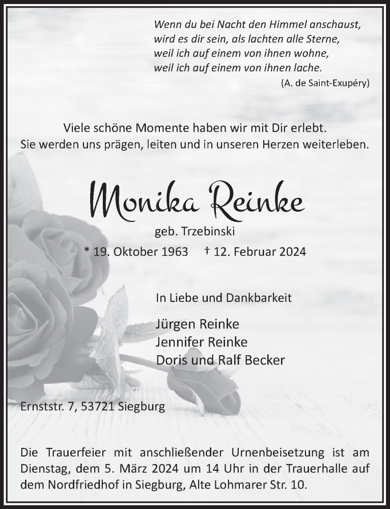  Traueranzeige für Monika Reinke vom 23.02.2024 aus  Extra Blatt 