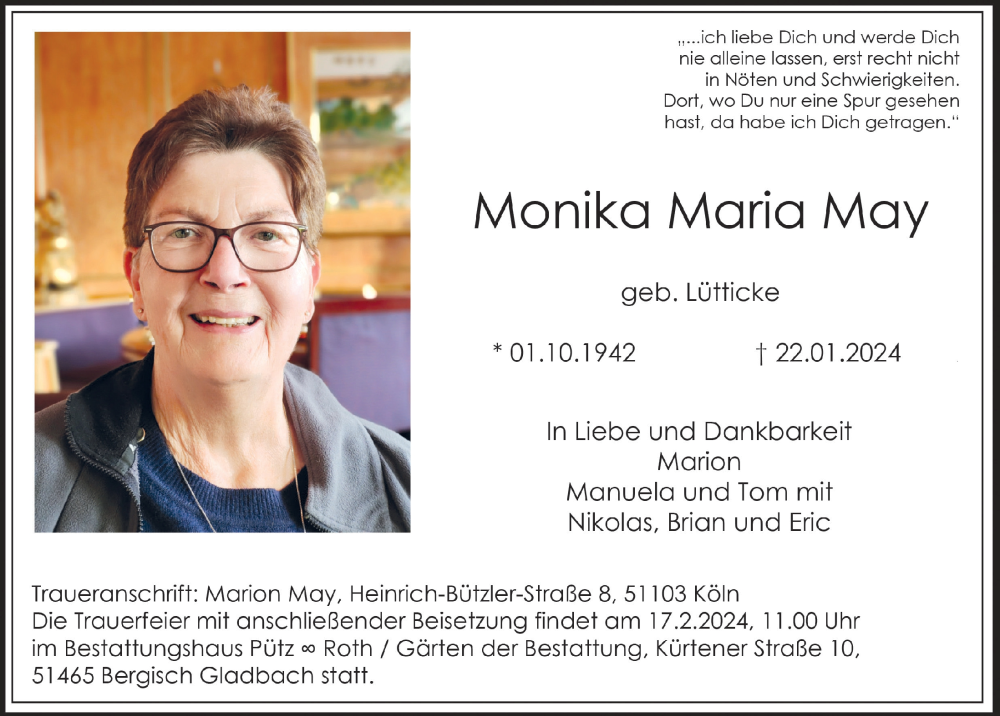  Traueranzeige für Monika Maria May vom 09.02.2024 aus  Werbepost 