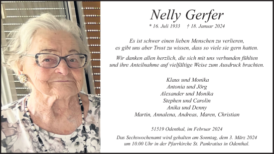 Anzeige von Nelly Gerfer von Kölner Stadt-Anzeiger / Kölnische Rundschau / Express