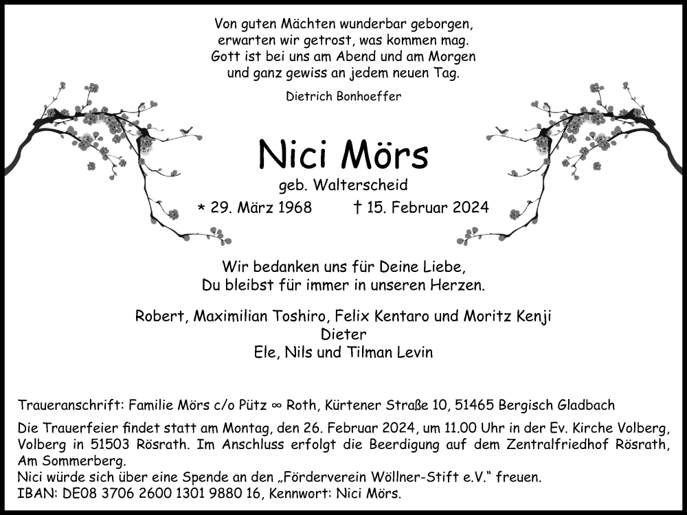 Traueranzeige für Nici Mörs vom 24.02.2024 aus Kölner Stadt-Anzeiger / Kölnische Rundschau / Express
