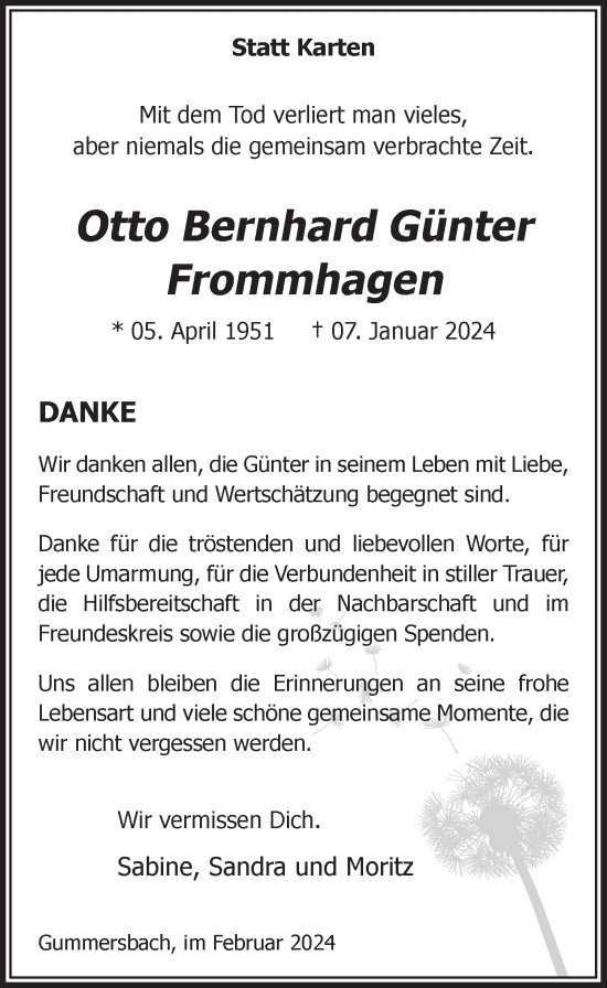 Anzeige von Otto Bernhard Günter Frommhagen von  Anzeigen Echo 