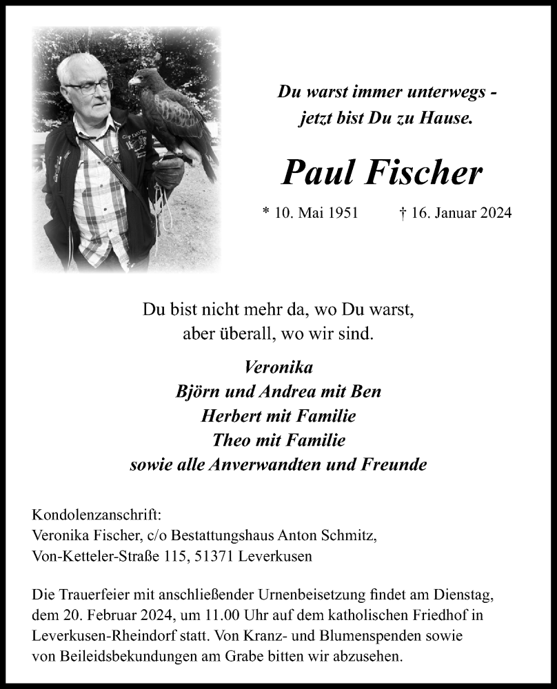  Traueranzeige für Paul Fischer vom 10.02.2024 aus Kölner Stadt-Anzeiger / Kölnische Rundschau / Express