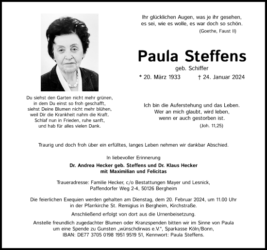 Anzeige von Paula Steffens von Kölner Stadt-Anzeiger / Kölnische Rundschau / Express