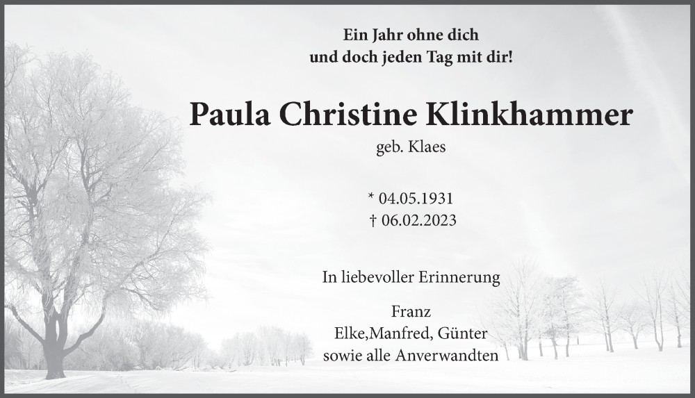  Traueranzeige für Paula Christine Klinkhammer vom 03.02.2024 aus  Blickpunkt Euskirchen 