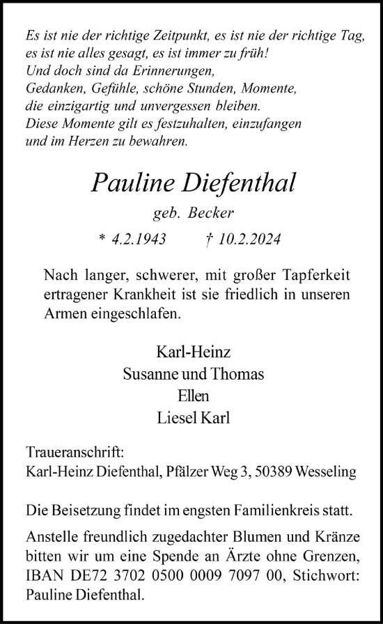 Anzeige von Pauline Diefenthal von  Schlossbote/Werbekurier 