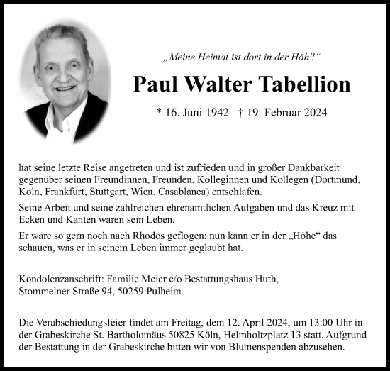 Anzeige von Paul Walter Tabellion von Kölner Stadt-Anzeiger / Kölnische Rundschau / Express