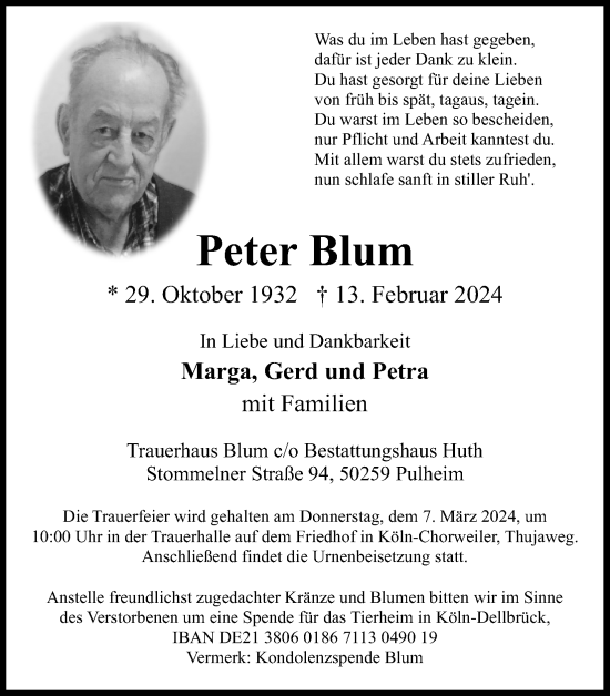 Anzeige von Peter Blum von Kölner Stadt-Anzeiger / Kölnische Rundschau / Express