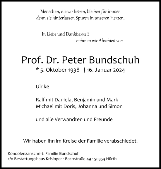 Anzeige von Peter Bundschuh von Kölner Stadt-Anzeiger / Kölnische Rundschau / Express