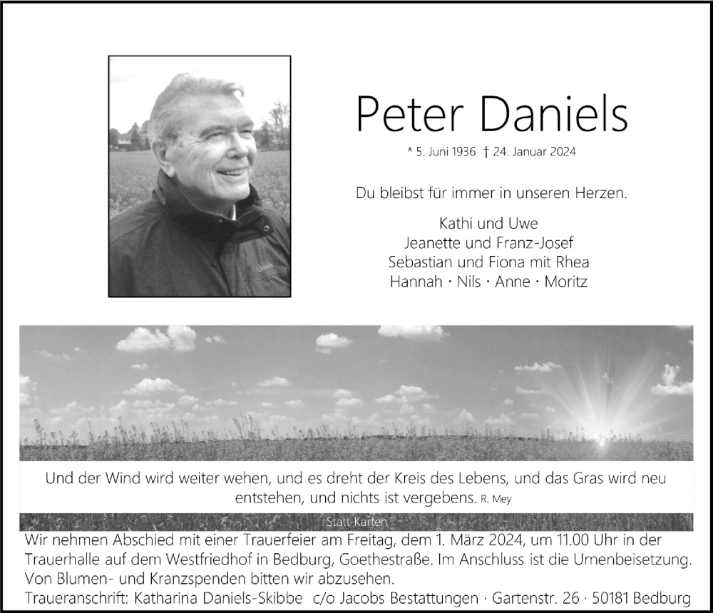  Traueranzeige für Peter Daniels vom 16.02.2024 aus  Werbepost 