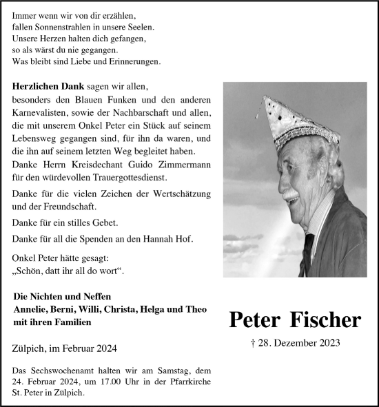 Anzeige von Peter Fischer von  Blickpunkt Euskirchen 