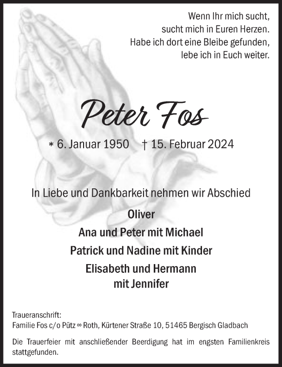 Anzeige von Peter Fos von  Bergisches Handelsblatt 
