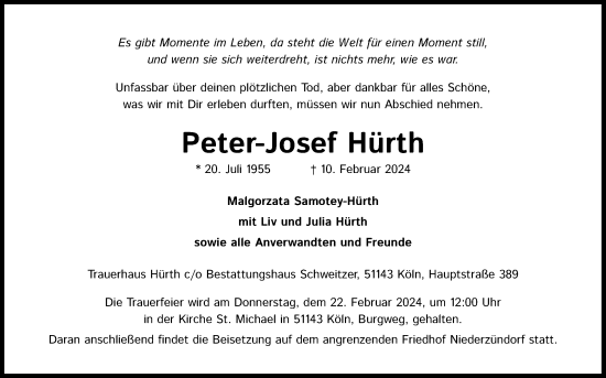 Anzeige von Peter-Josef Hürth von Kölner Stadt-Anzeiger / Kölnische Rundschau / Express