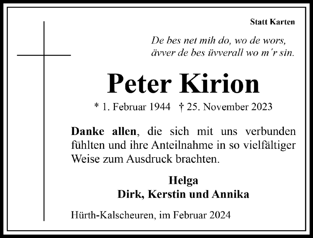  Traueranzeige für Peter Kirion vom 09.02.2024 aus  Wochenende 