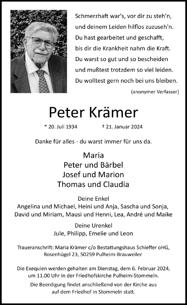  Traueranzeige für Peter Krämer vom 02.02.2024 aus  Wochenende 