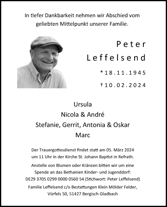Anzeige von Peter Leffelsend von Kölner Stadt-Anzeiger / Kölnische Rundschau / Express