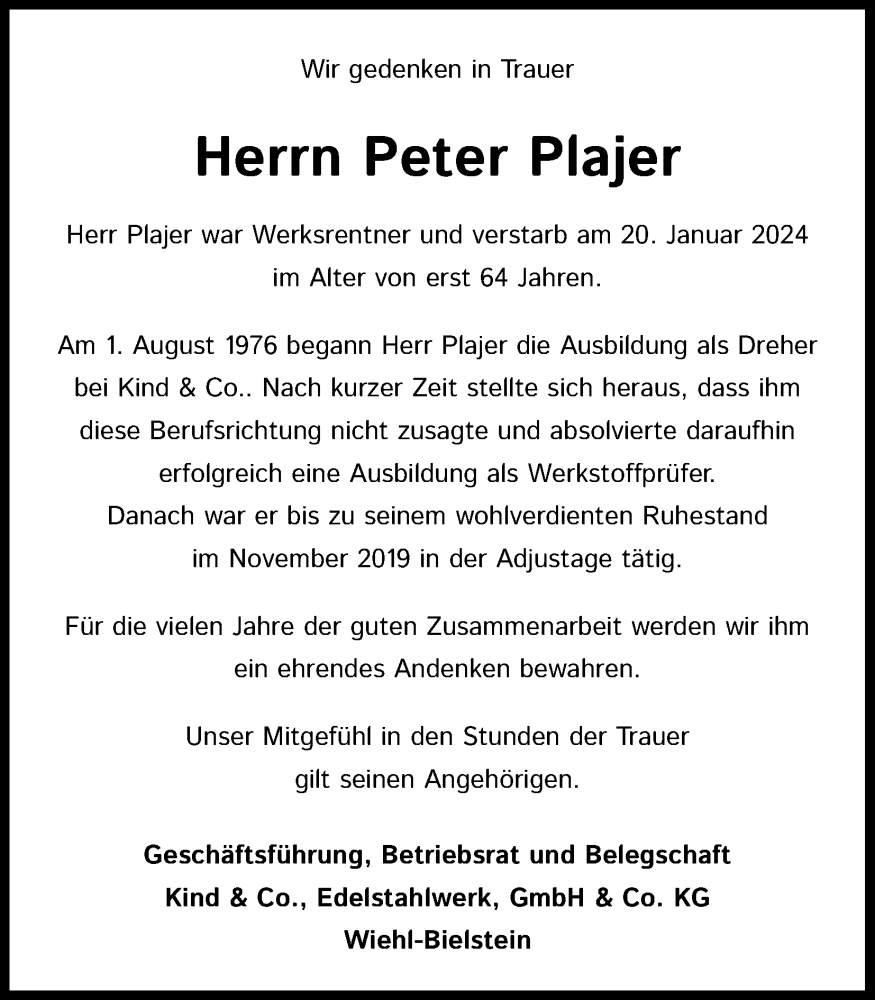 Traueranzeige für Peter Plajer vom 03.02.2024 aus Kölner Stadt-Anzeiger / Kölnische Rundschau / Express