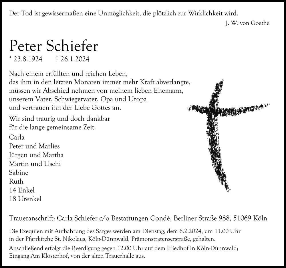  Traueranzeige für Peter Schiefer vom 03.02.2024 aus Kölner Stadt-Anzeiger / Kölnische Rundschau / Express