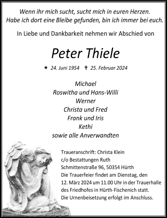 Anzeige von Peter Thiele von  Wochenende 