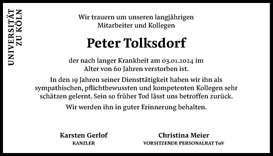 Anzeige von Peter Tolksdorf von Kölner Stadt-Anzeiger / Kölnische Rundschau / Express