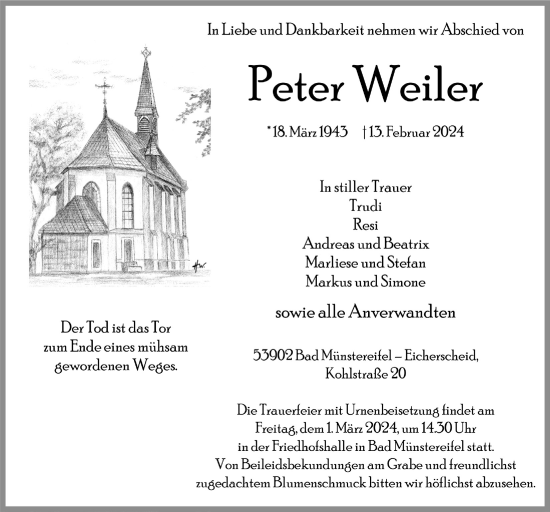 Anzeige von Peter Weiler von  Blickpunkt Euskirchen 