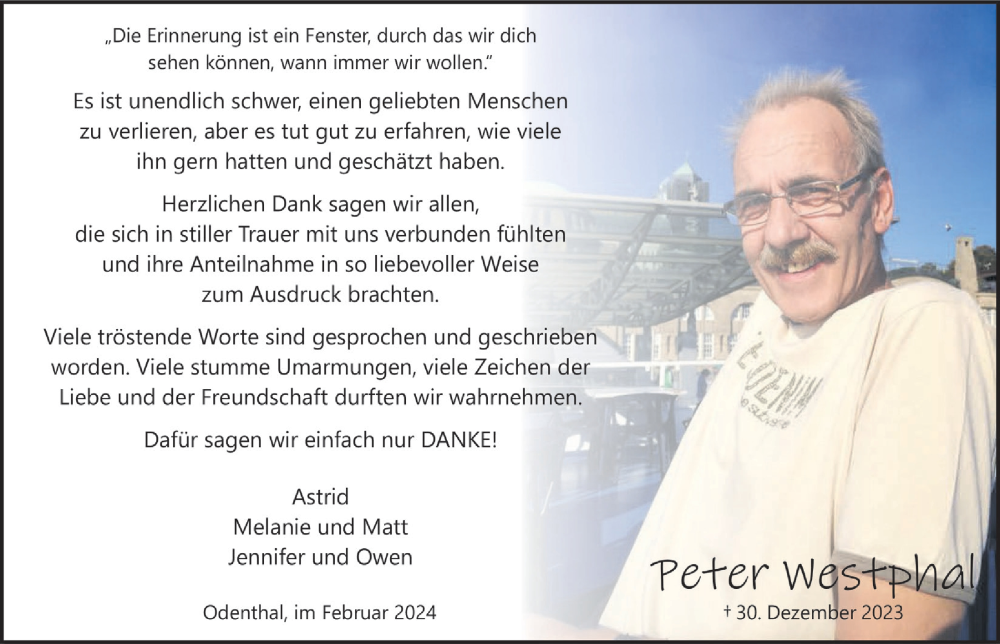  Traueranzeige für Peter Westphal vom 09.02.2024 aus  Bergisches Handelsblatt 