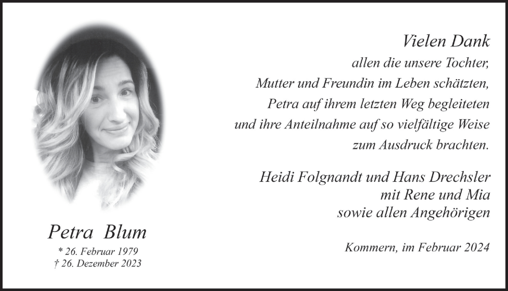  Traueranzeige für Petra Blum vom 17.02.2024 aus  Blickpunkt Euskirchen 