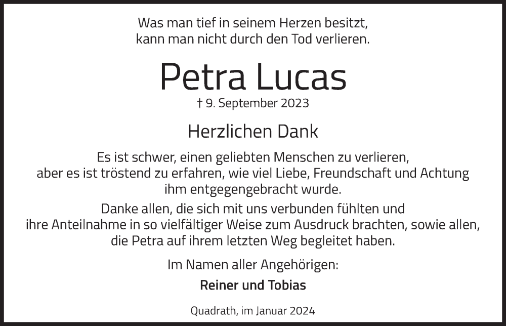  Traueranzeige für Petra Lucas vom 02.02.2024 aus  Werbepost 