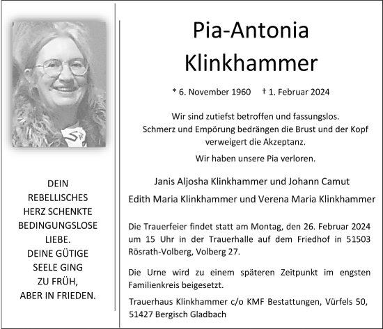 Anzeige von Pia-Antonia Klinkhammer von  Bergisches Handelsblatt 