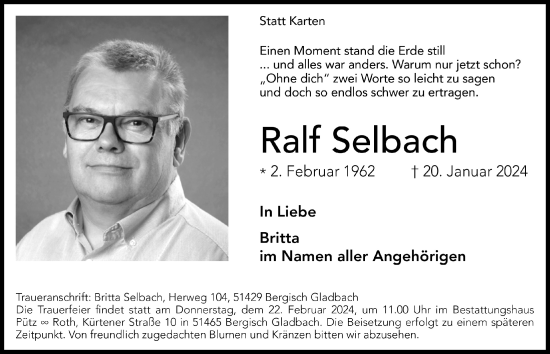 Anzeige von Ralf Selbach von  Bergisches Handelsblatt 