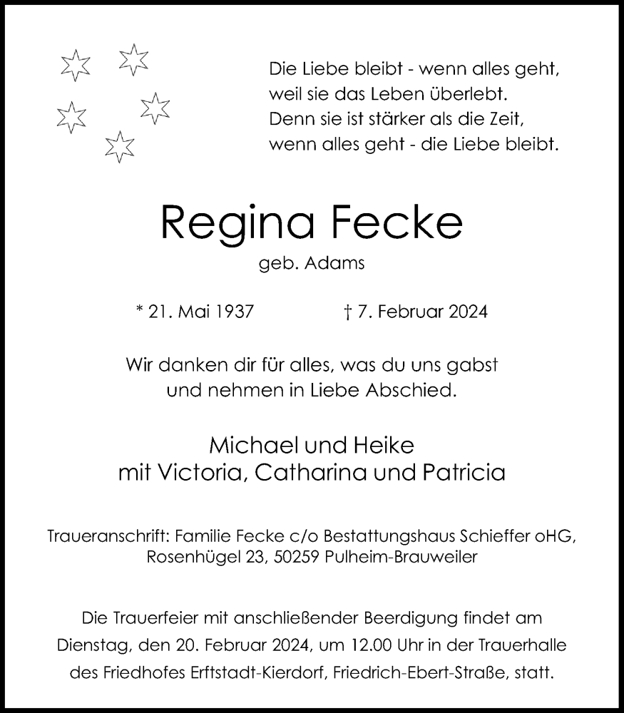  Traueranzeige für Regina Fecke vom 17.02.2024 aus Kölner Stadt-Anzeiger / Kölnische Rundschau / Express