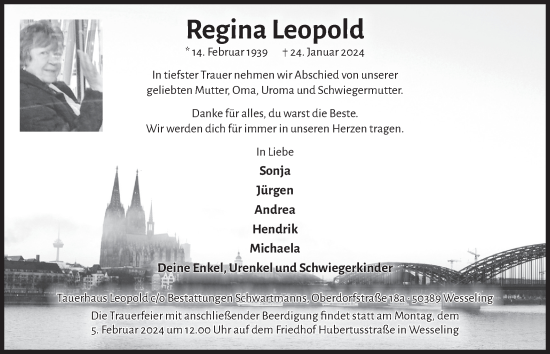 Anzeige von Regina Leopold von  Schlossbote/Werbekurier 