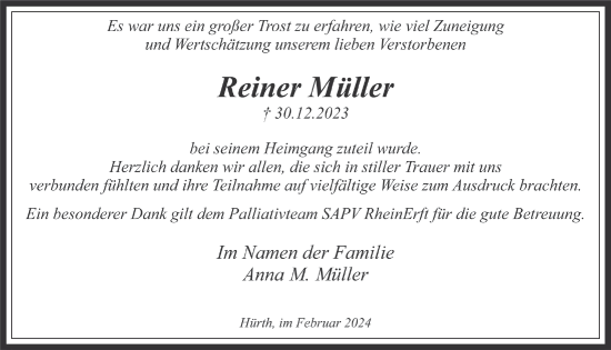 Anzeige von Reiner Müller von  Wochenende 