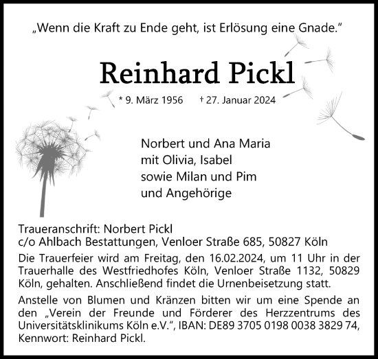 Anzeige von Reinhard Pickl von Kölner Stadt-Anzeiger / Kölnische Rundschau / Express