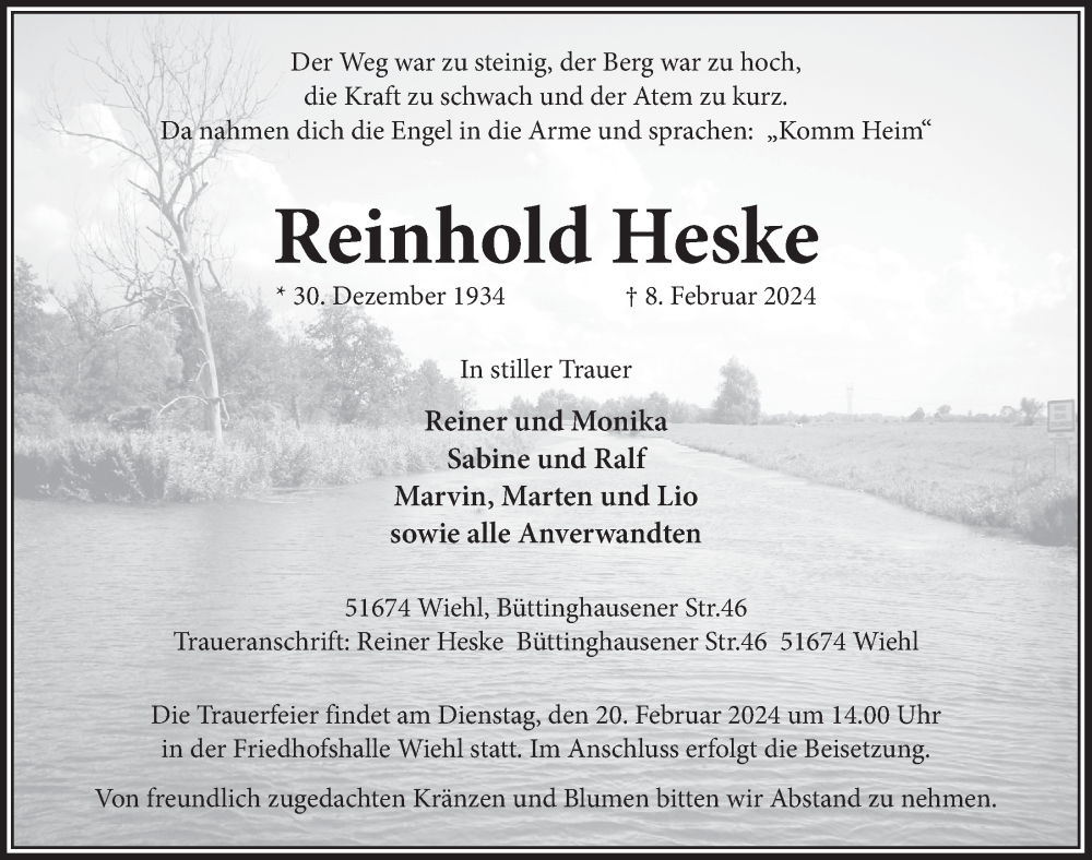  Traueranzeige für Reinhold Heske vom 16.02.2024 aus  Anzeigen Echo 