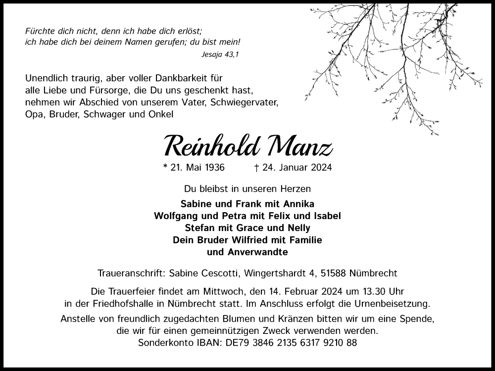  Traueranzeige für Reinhold Manz vom 03.02.2024 aus Kölner Stadt-Anzeiger / Kölnische Rundschau / Express