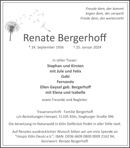 Anzeige von Renate Bergerhoff von Kölner Stadt-Anzeiger / Kölnische Rundschau / Express