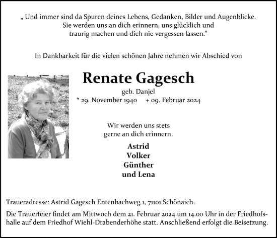 Anzeige von Renate Gagesch von  Anzeigen Echo 