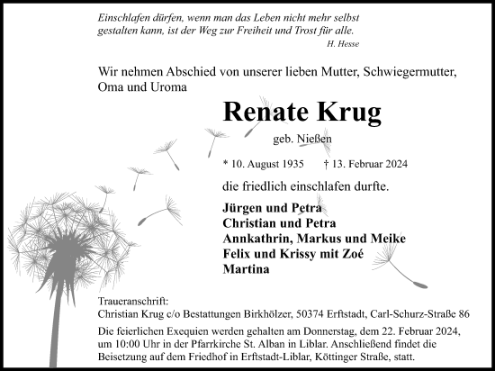 Anzeige von Renate Krug von Kölner Stadt-Anzeiger / Kölnische Rundschau / Express