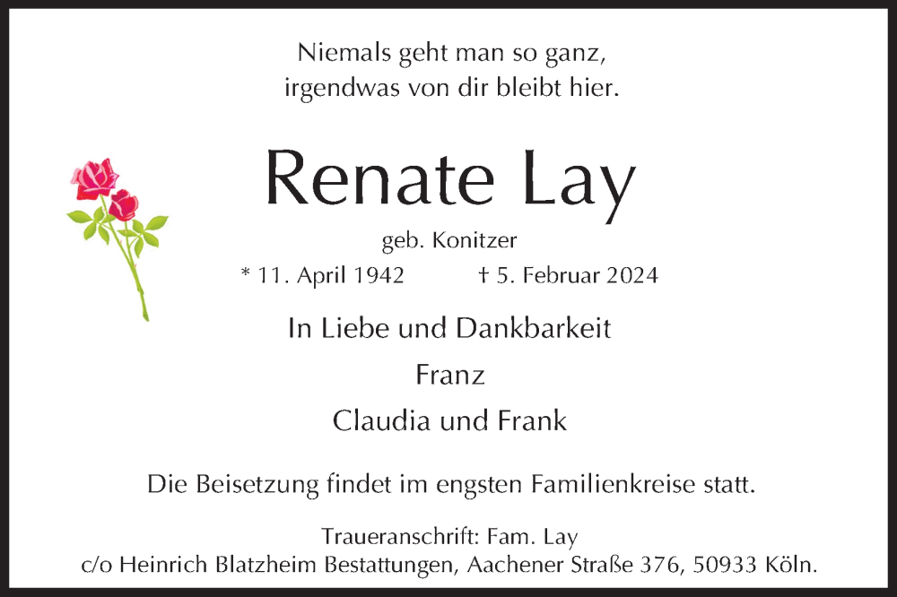  Traueranzeige für Renate Lay vom 24.02.2024 aus Kölner Stadt-Anzeiger / Kölnische Rundschau / Express