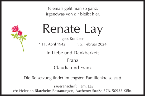 Anzeige von Renate Lay von Kölner Stadt-Anzeiger / Kölnische Rundschau / Express