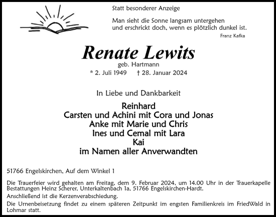 Anzeige von Renate Lewits von  Anzeigen Echo 