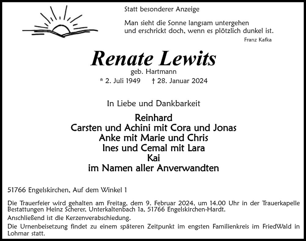  Traueranzeige für Renate Lewits vom 02.02.2024 aus  Anzeigen Echo 