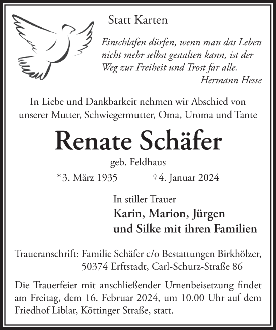 Anzeige von Renate Schäfer von  Werbepost 