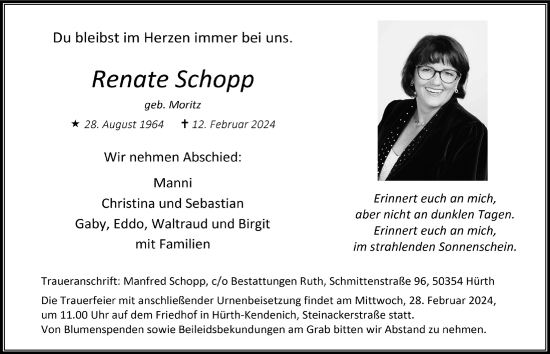 Anzeige von Renate Schopp von  Wochenende 